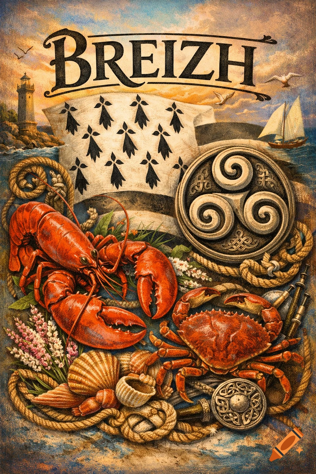 Stylized vintage poster of Breton symbols with a lobster, crab, lighthouse, sailboat, and the word 'BREIZH'.