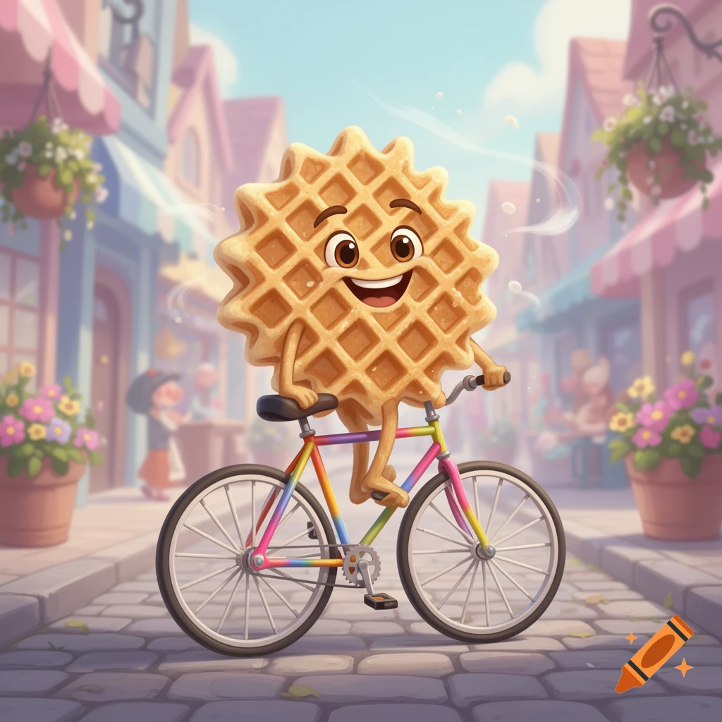 A happy cartoon waffle character with a smiling face rides a colorful bicycle down a charming street lined with pastel buildings and potted flowers.