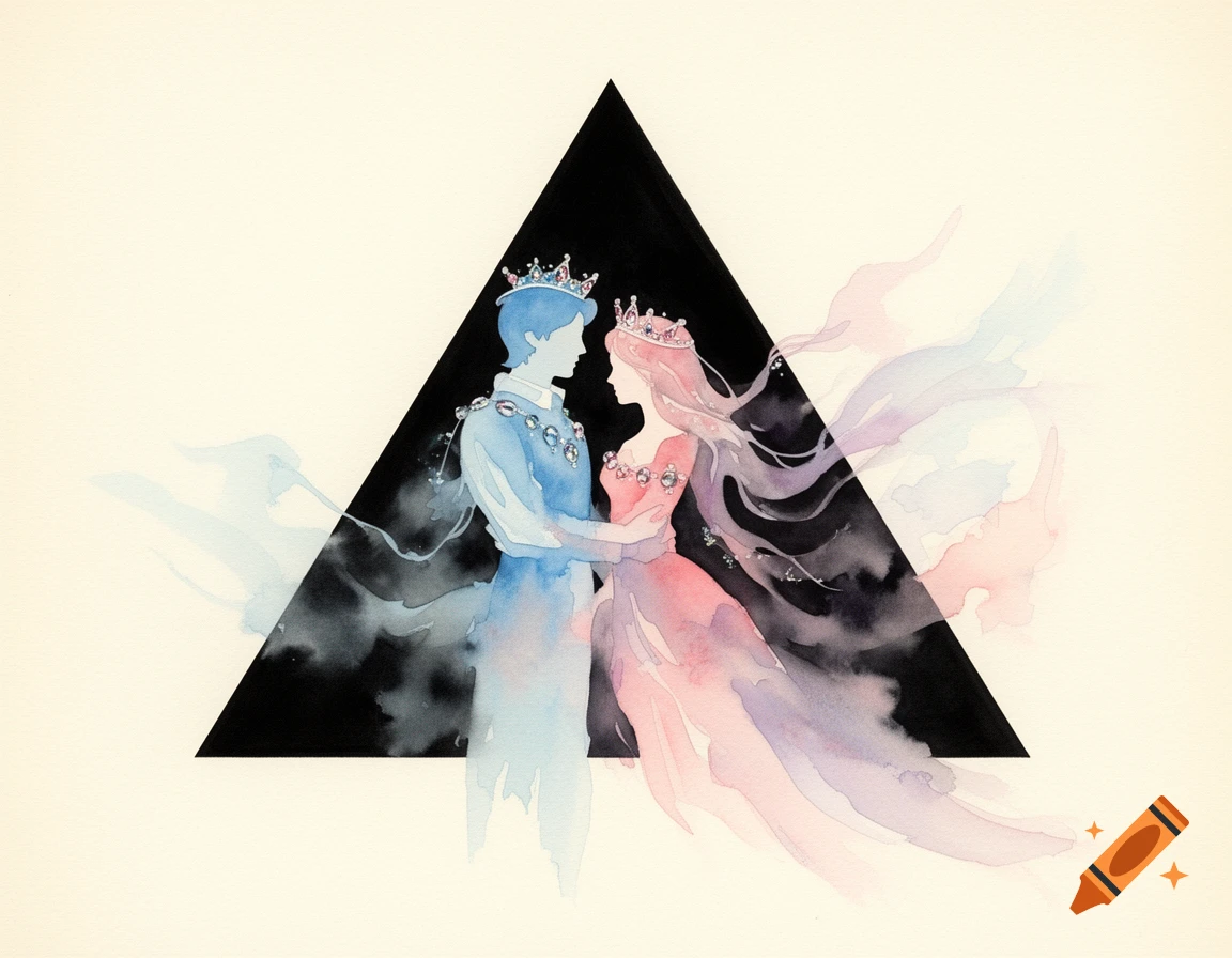 Watercolor illustration of a blue prince and pink princess embracing within a black triangle.