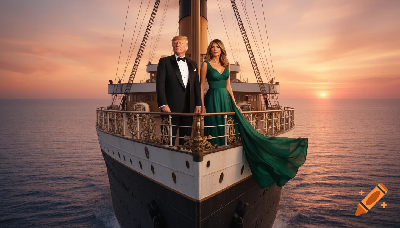 Photorealistic image of Donald and Melania Trump standing on the bow of a ship, resembling the Titanic, at sunset over the ocean.