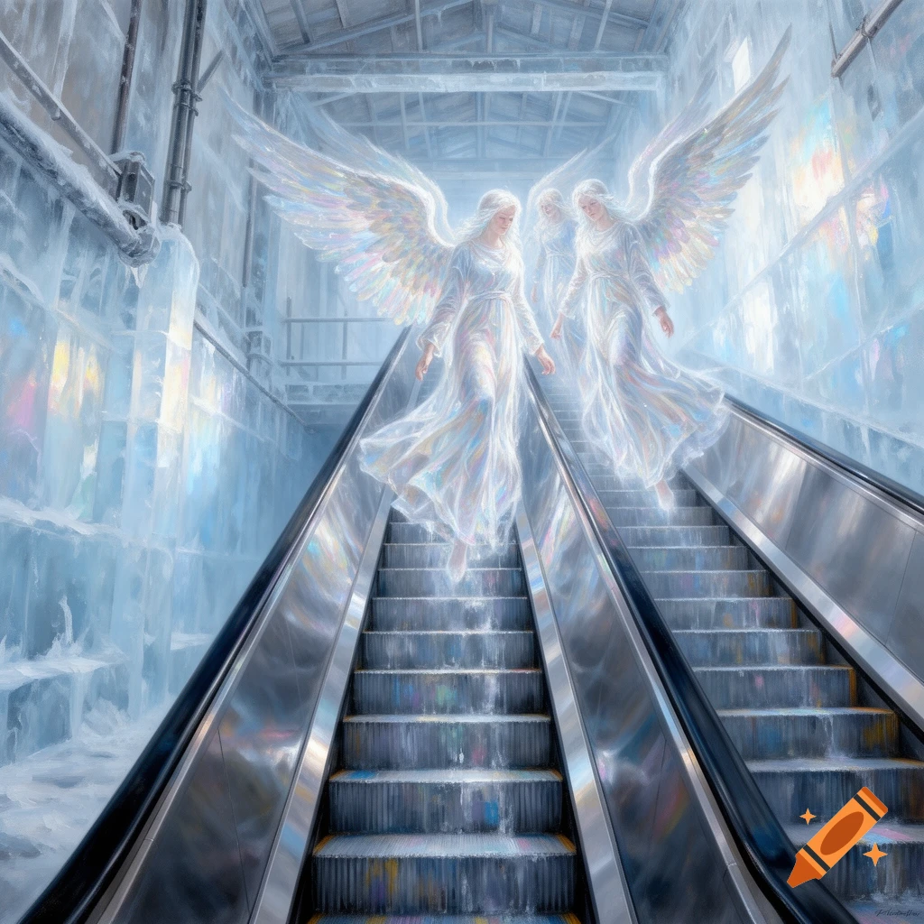 Three luminous angels with iridescent wings descend a frosted escalator in an icy, abstract expressionist setting.