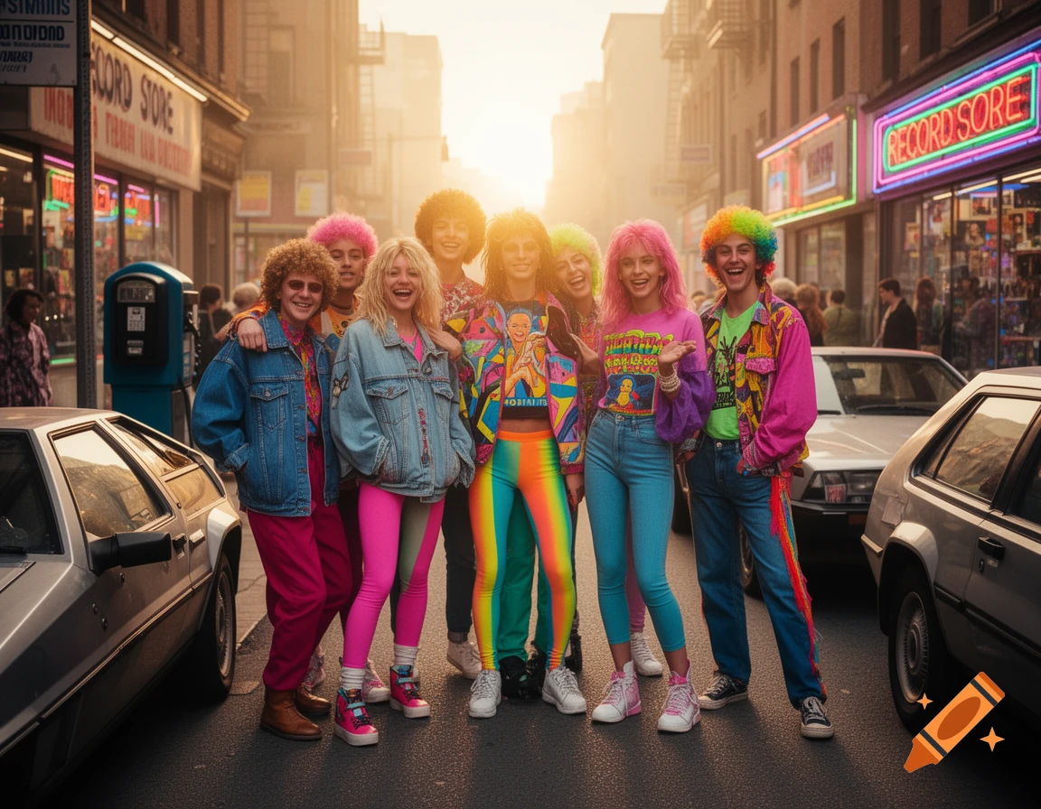 A vibrant group of diverse young adults in exaggerated 80s fashion poses on a city street with vintage cars and a record store under a golden sky.