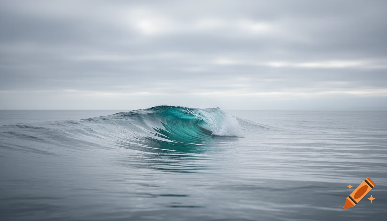 A photorealistic image of a single, vibrant turquoise wave cresting in a calm, gray ocean under an overcast sky.
