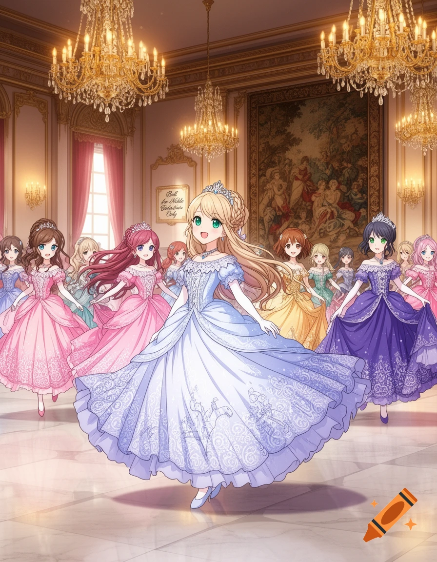 Anime girls in colorful ballgowns dance in a grand ballroom with ornate chandeliers and a large tapestry.
