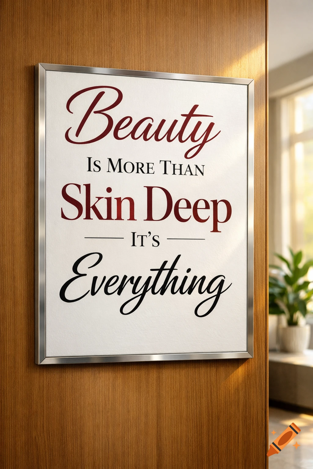 A framed poster with the quote 'Beauty Is More Than Skin Deep It's Everything' on a wooden wall.