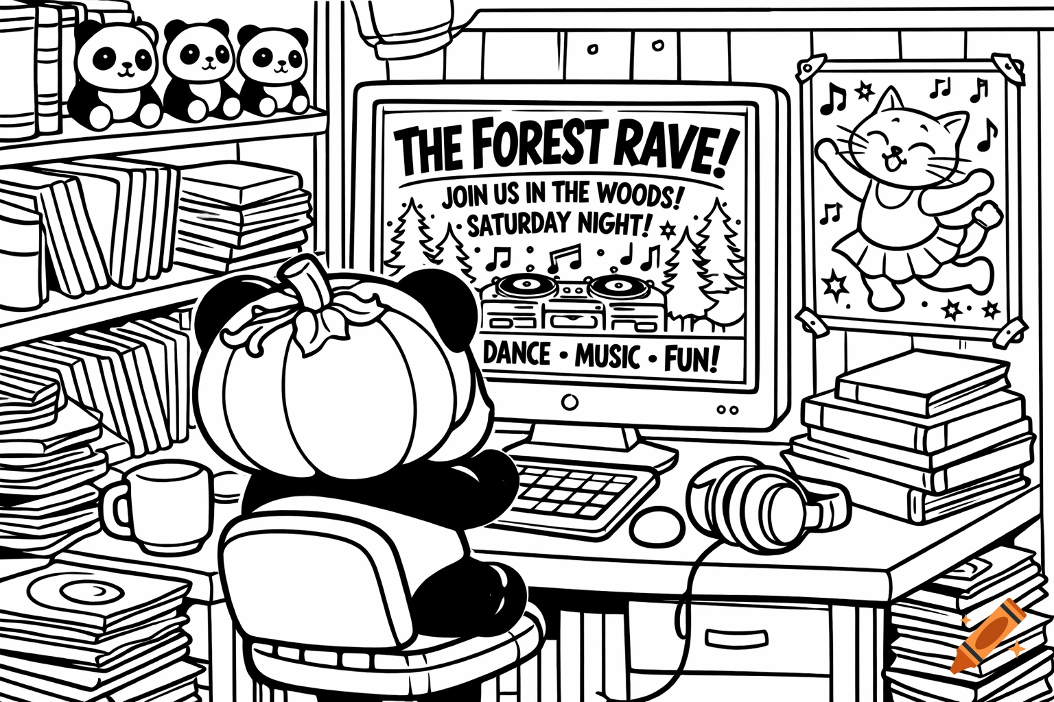 Black and white line art of a panda in a pumpkin costume sitting at a desk, looking at a computer screen displaying a 'Forest Rave' flyer.