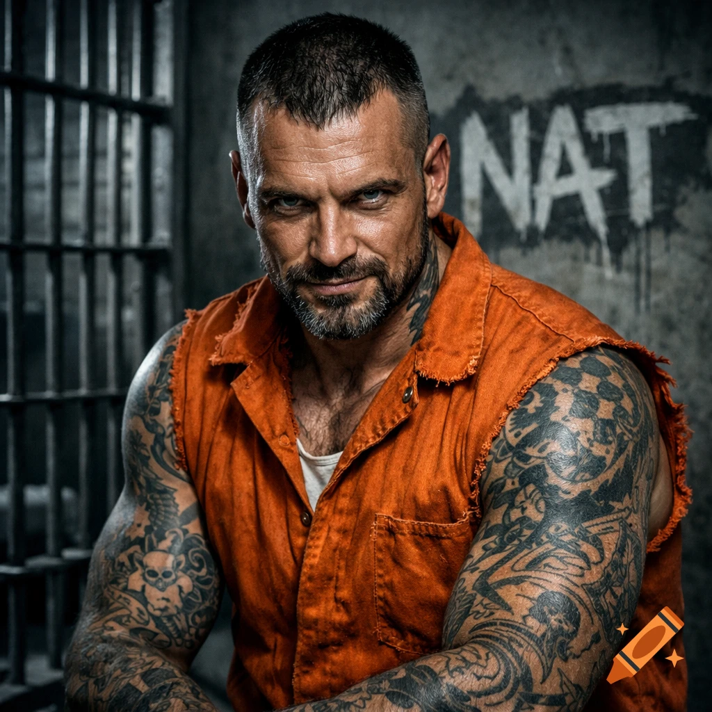 A serious, tattooed man in an orange prison uniform looks directly at the viewer from a dim prison cell with NAT graffiti.