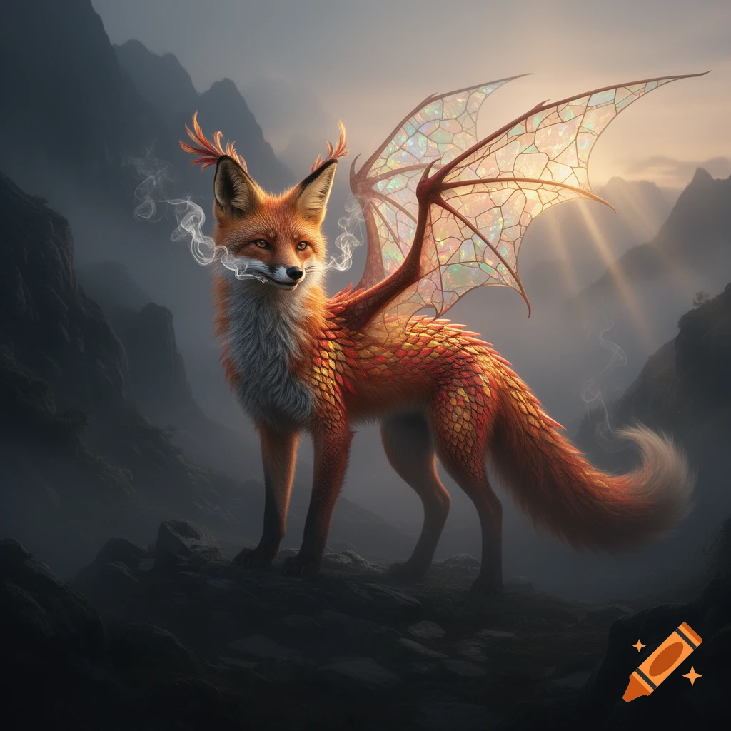 A majestic dragon-fox creature with iridescent wings and scaly fur stands on a misty mountain, with sun rays piercing through the background.
