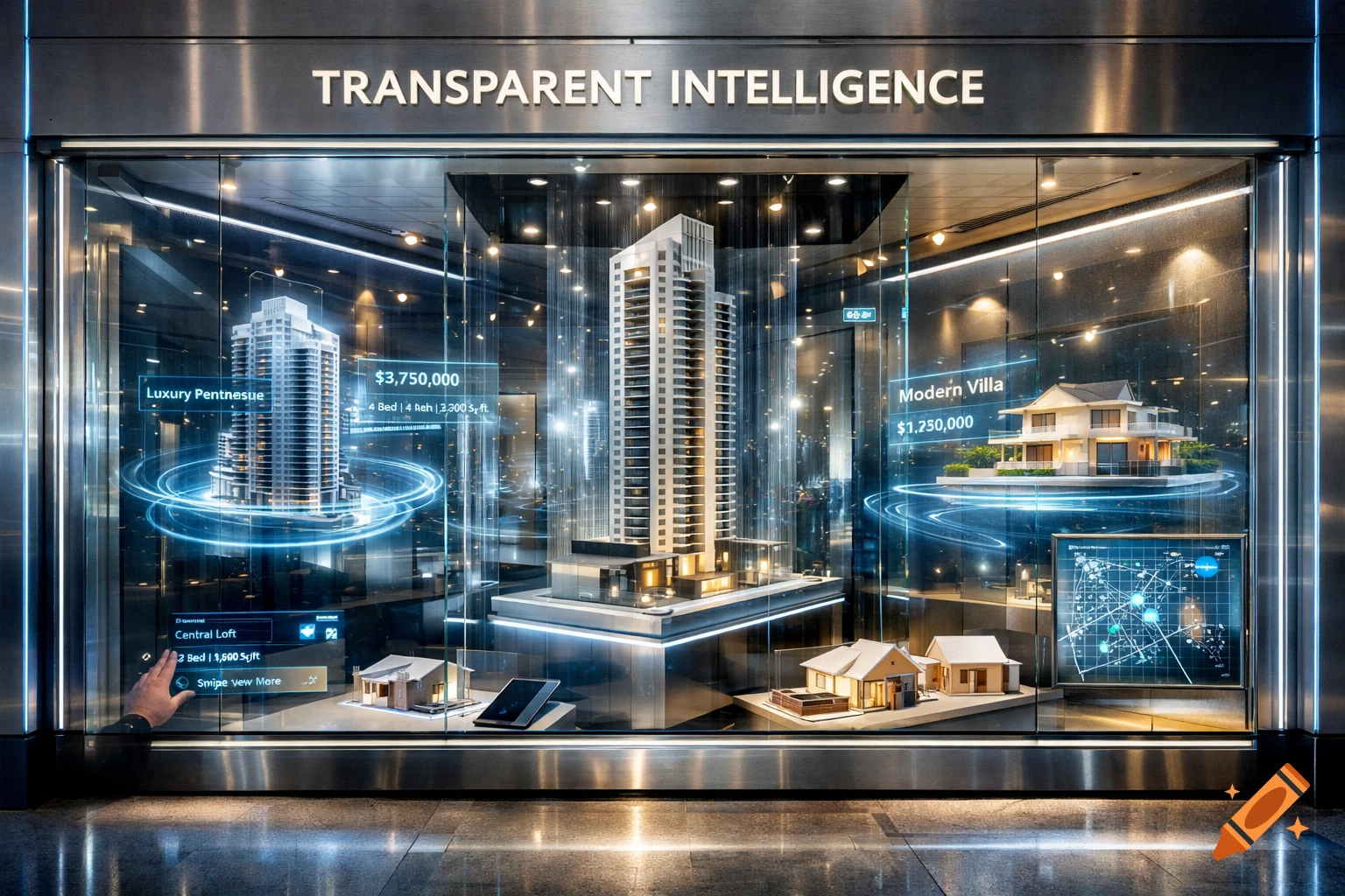 A futuristic transparent real estate display featuring holographic architectural models of skyscrapers and villas, with interactive information and a hand swiping. The display reads "TRANSPARENT INTELLIGENCE".
