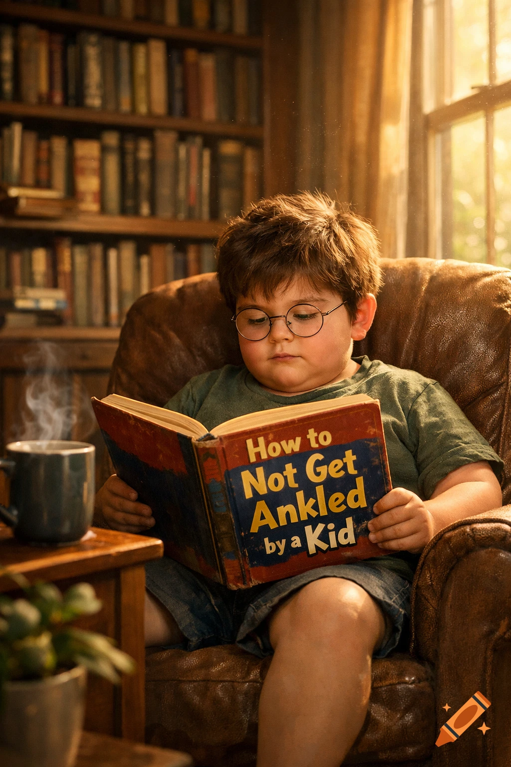 A young child with round glasses reads a book titled 'How to Not Get Ankled by a Kid' in a cozy room with a bookshelf and a steaming mug.