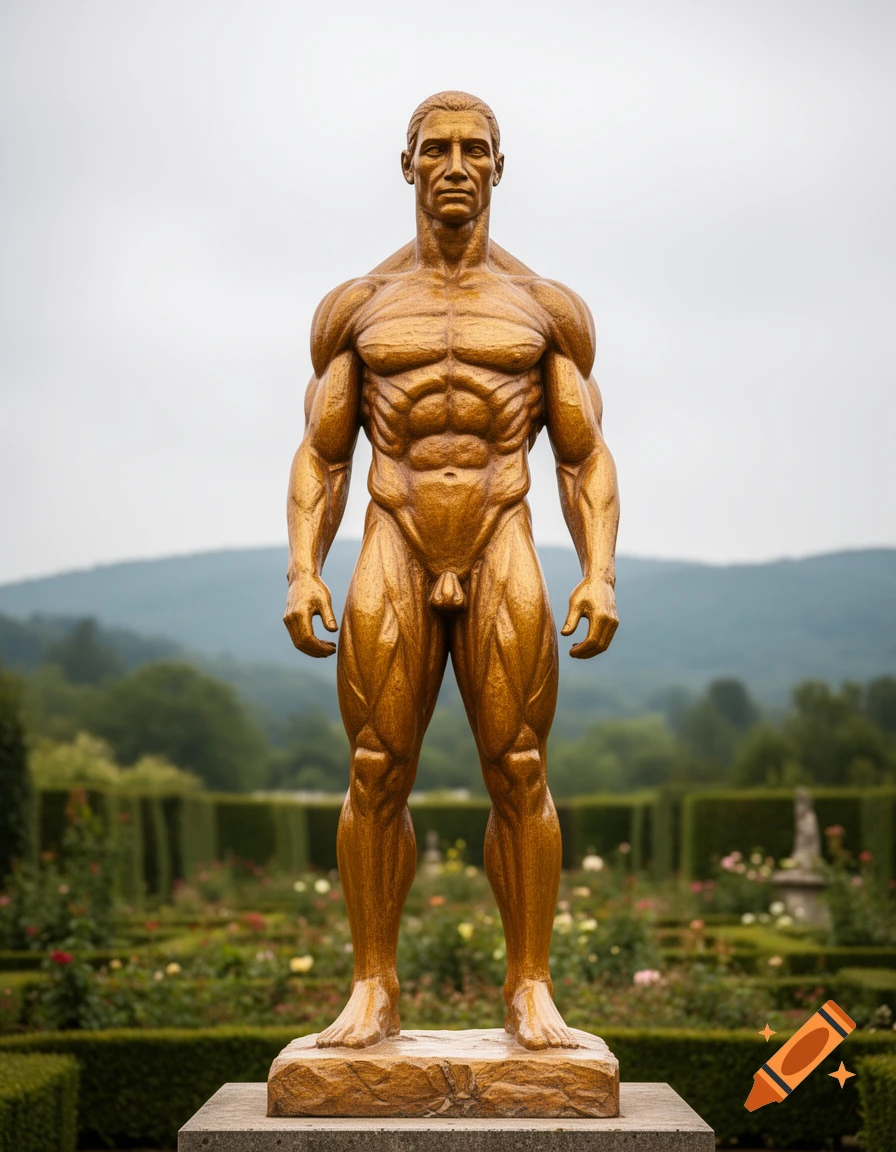 Golden muscular male statue standing in a lush formal garden with distant hills under a cloudy sky.
