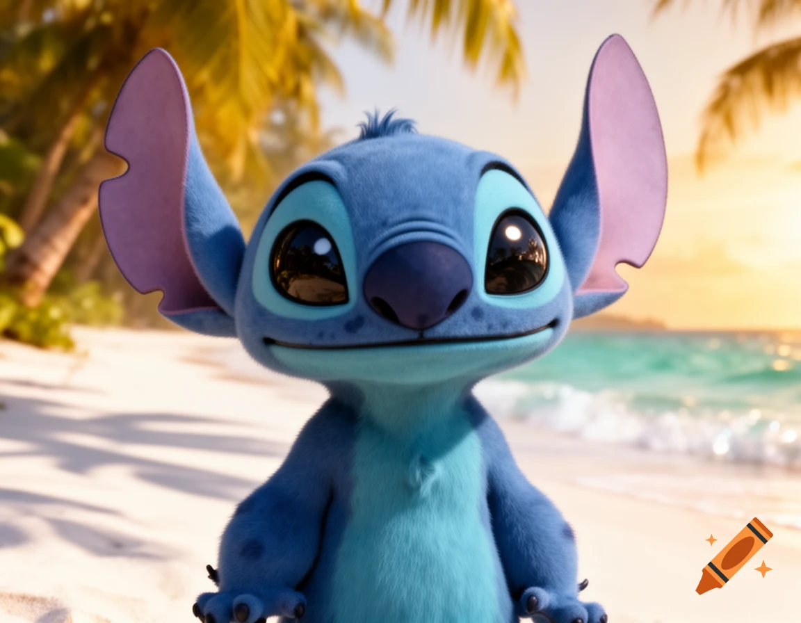 Photorealistic 3D render of the blue alien creature Stitch smiling on a tropical beach at sunset with palm trees.