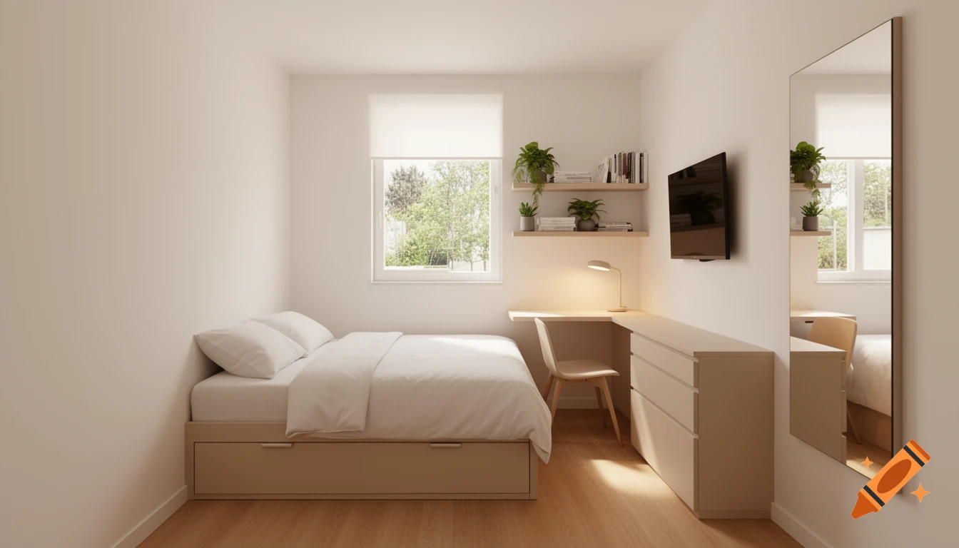 A minimalist modern bedroom with a single bed, desk under a window, wall-mounted TV, dresser, and full-length mirror, in neutral colors.
