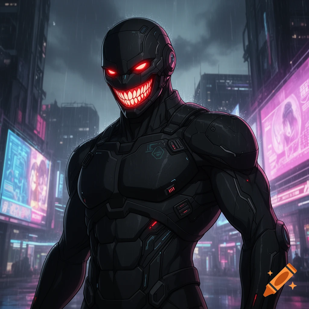 A masked man in a black tactical suit with glowing red eyes and a menacing red toothy grin in a rainy cyberpunk city, manga style.