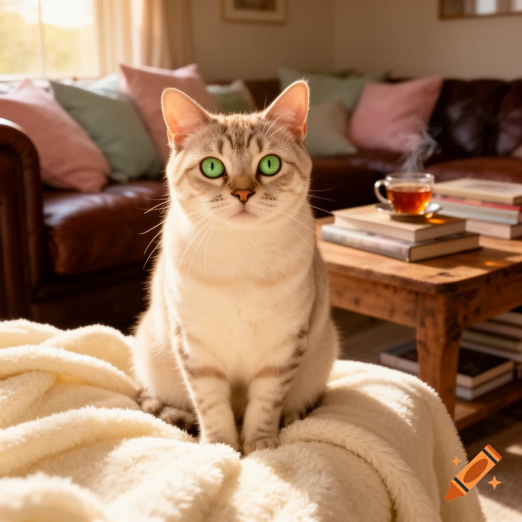 A photorealistic cat with bright green eyes sits on a white blanket in a sunlit living room.