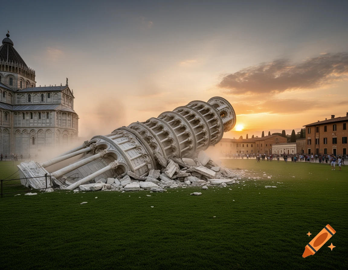 Photorealistic image of the Leaning Tower of Pisa collapsed on a grassy field, surrounded by rubble and buildings, at sunset.