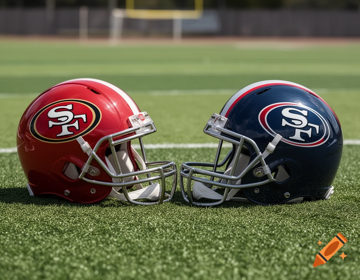Two football helmets, one red and white, one blue and white, with 'SF' logos, sit on a green football field.