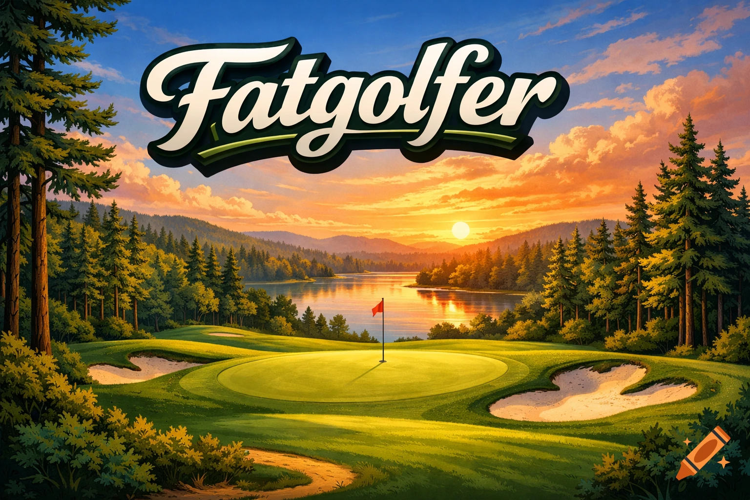 A logo for 'Fatgolfer' over a vibrant, stylized golf course at sunset, featuring a green, bunkers, a lake, and a dense forest.