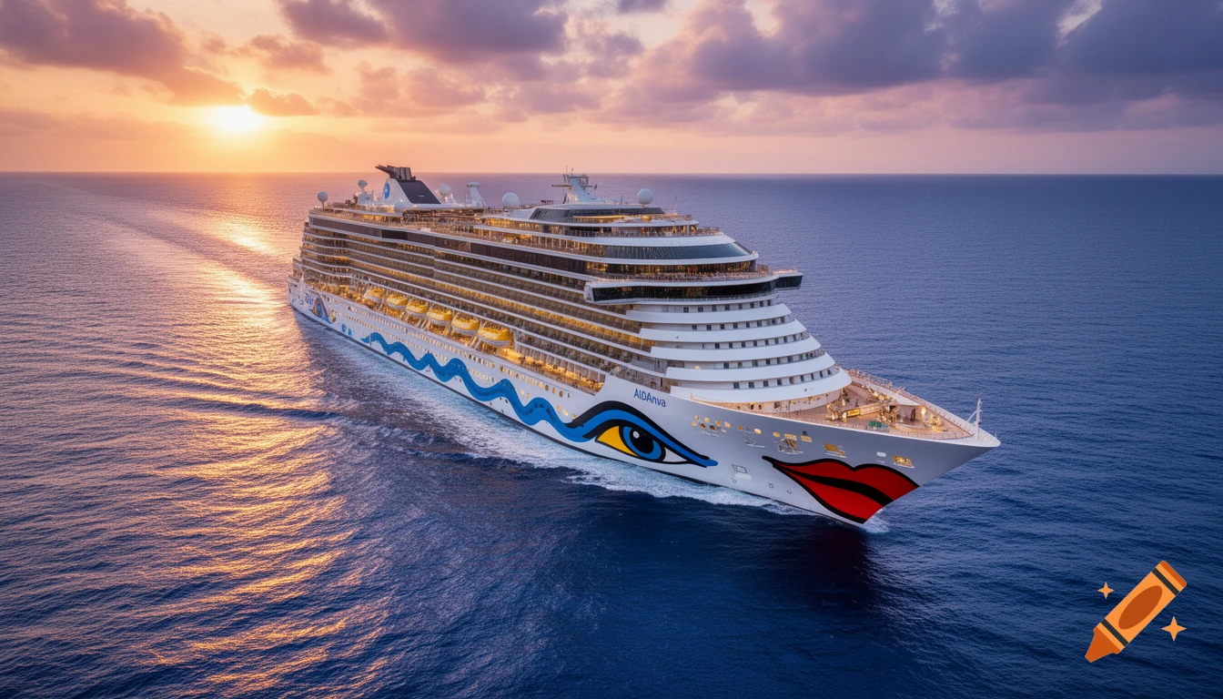A large cruise ship with a painted eye and lips on its bow sails on a deep blue ocean at sunset, leaving a shimmering wake.