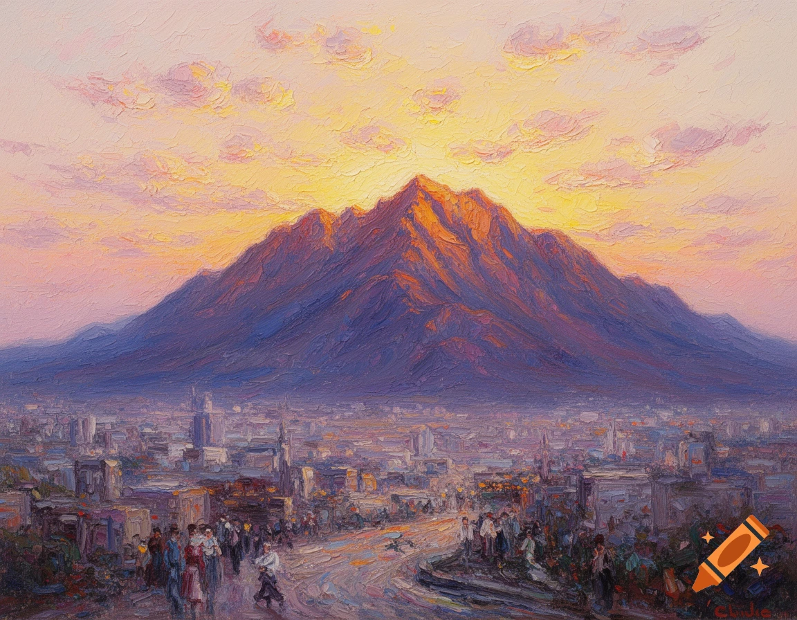 Impressionistic oil painting depicting a city nestled at the base of a majestic mountain, illuminated by a vibrant sunrise.
