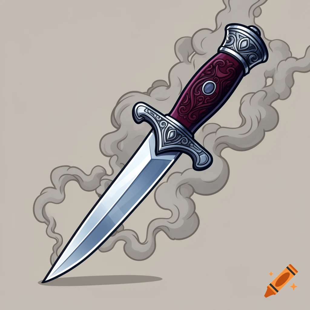 A cartoon-style dagger with a red and silver ornate handle, surrounded by smoke on a light background.