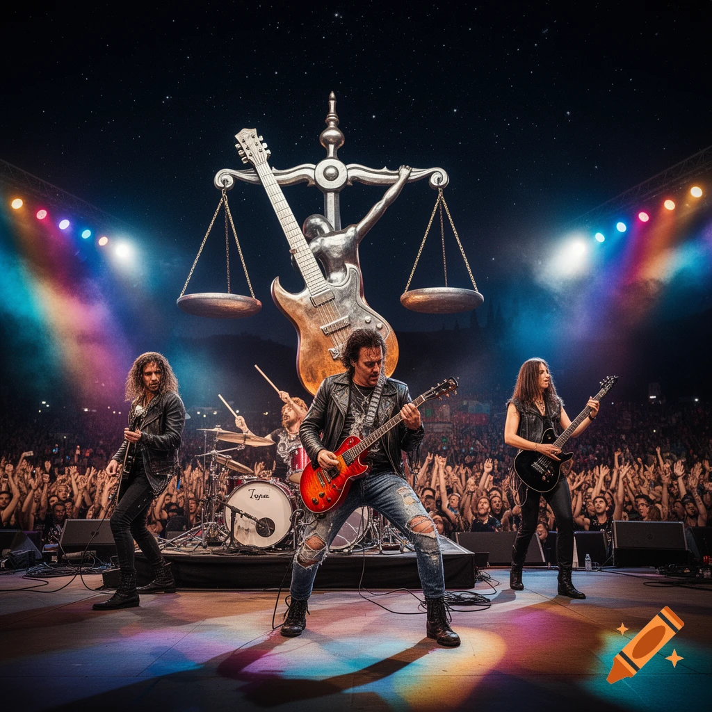 A rock band performs on stage under stage lights, with a giant scales of justice and guitar sculpture behind them. Photorealistic.
