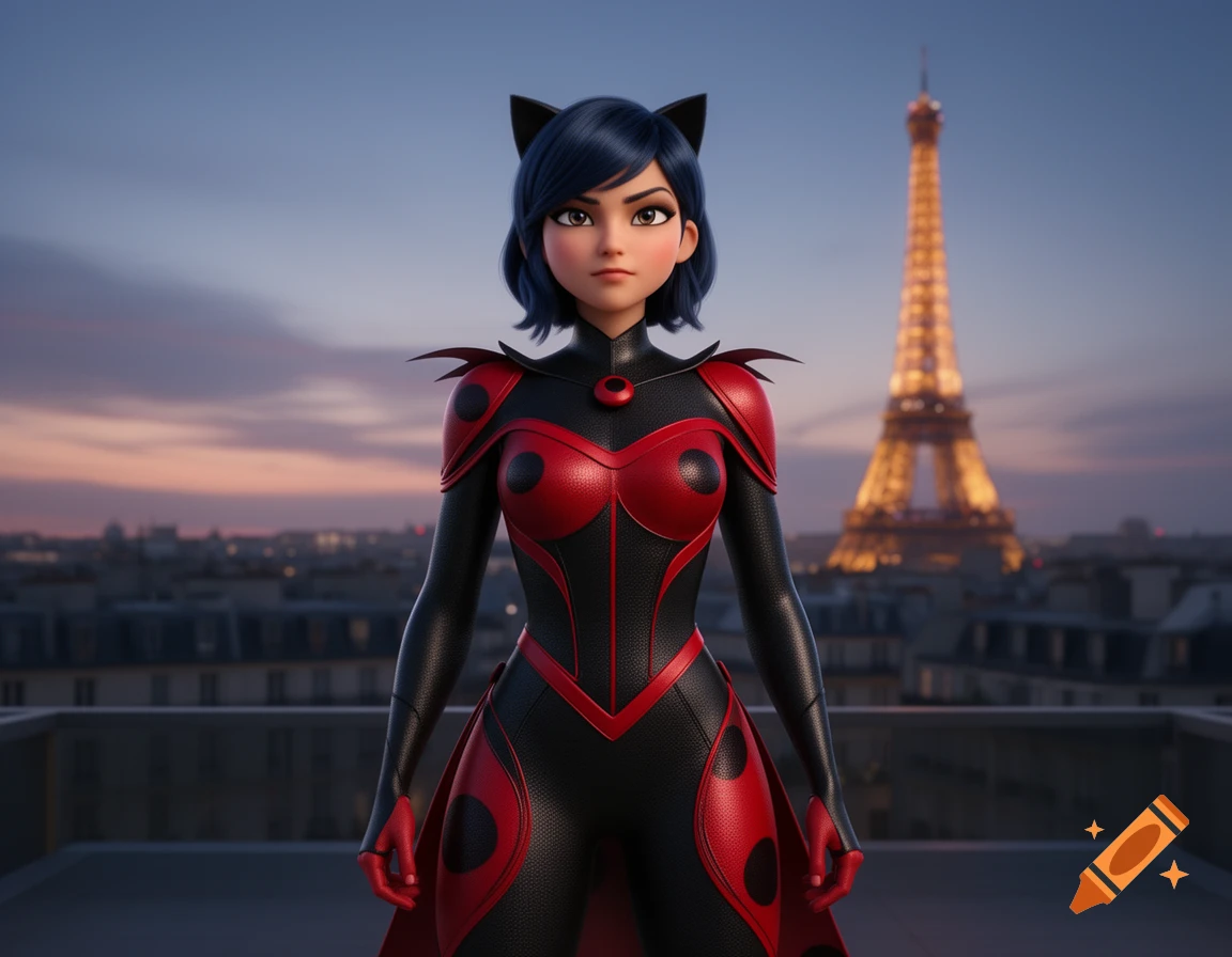 A female superhero in a black and red suit with cat ears stands on a rooftop in Paris with the Eiffel Tower at sunset.