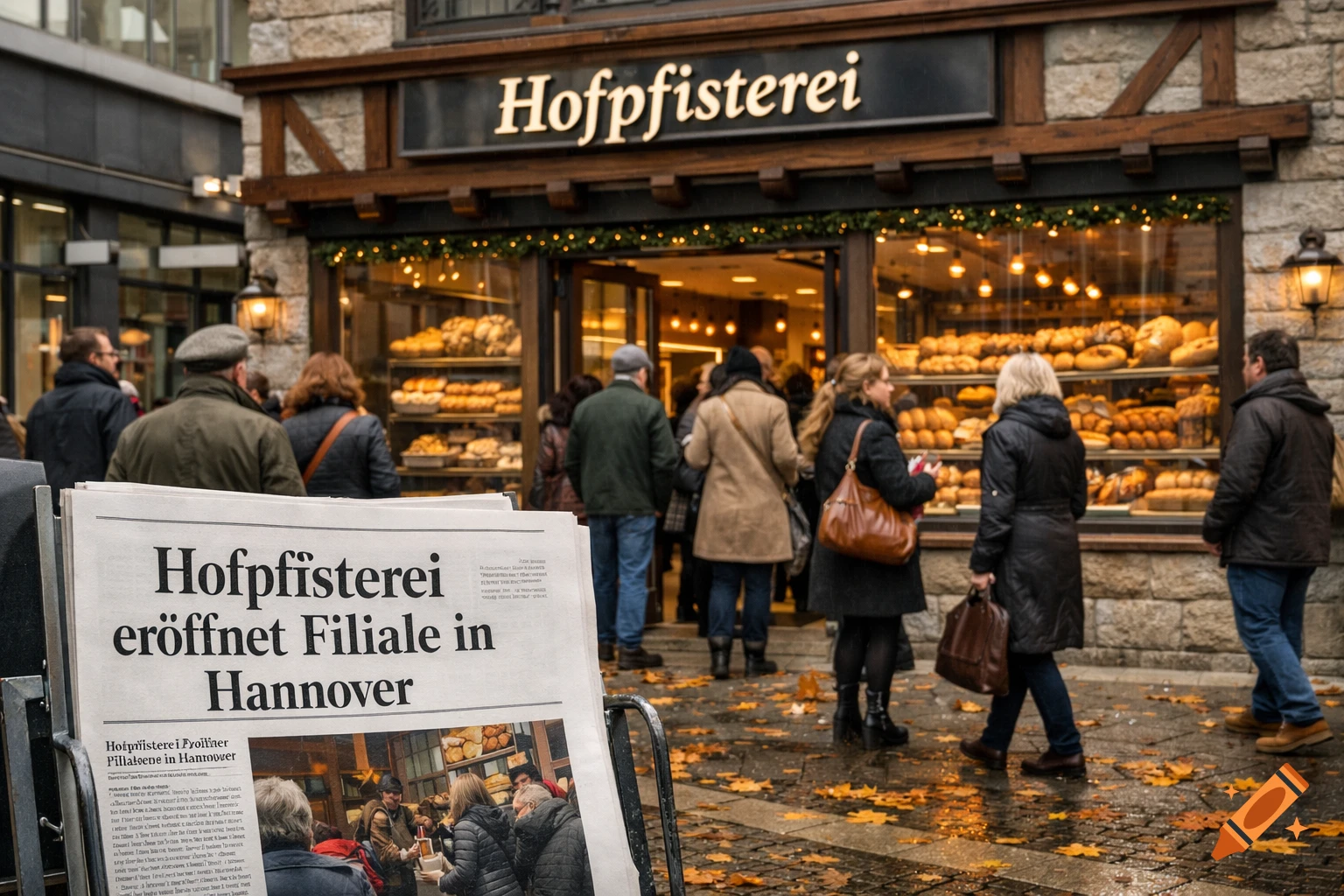 People walk past a German bakery called 'Hofpfisterei' on a street with autumn leaves, with a newspaper in the foreground announcing its opening in Hannover.