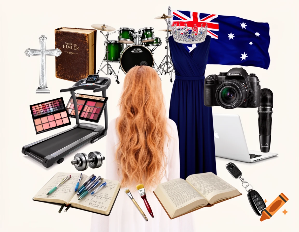 A vision board collage of various objects including a cross, books, treadmill, makeup, drums, a dress, camera, microphone, laptop, keys, and an Australian flag, surrounding a woman's back with long red hair.