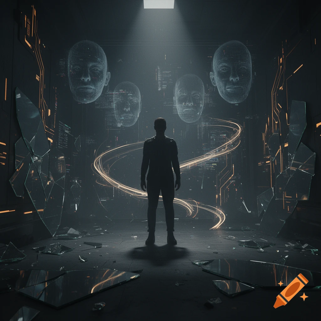 A shadowy figure stands in a dimly lit futuristic room with glowing ...