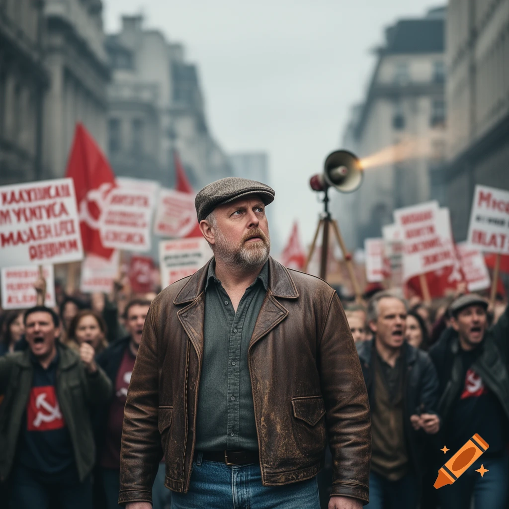 A man in a flat cap and leather jacket looks up thoughtfully, leading a communist protest march with blurred crowds and red signs in a city street.