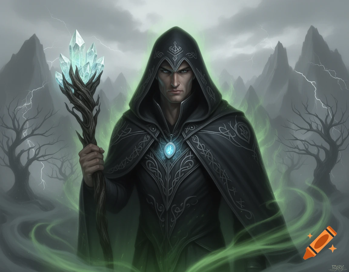 A hooded male figure with glowing blue eyes holds a crystal-topped ...