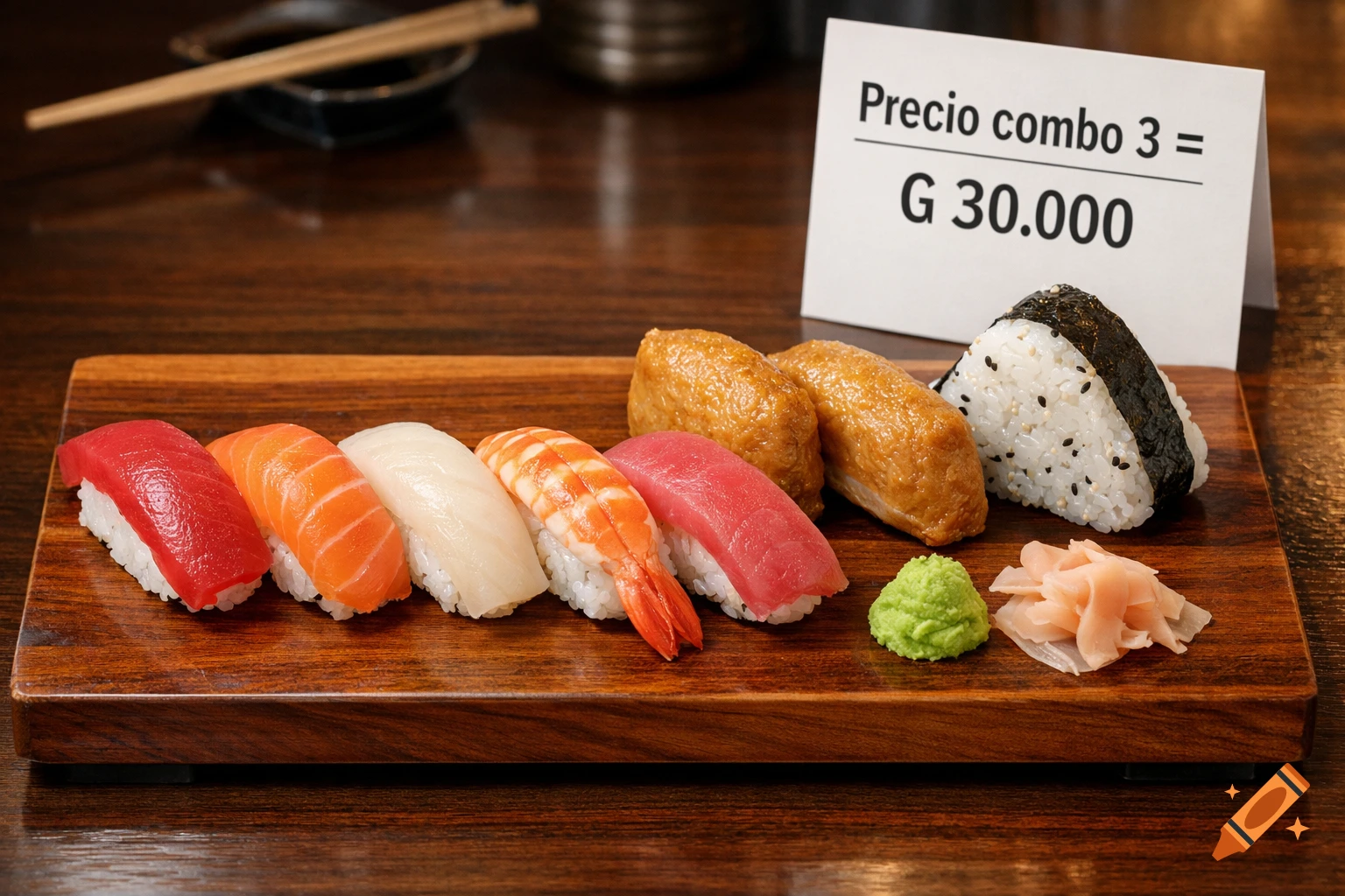 A wooden platter holds various sushi pieces, two inari, and an onigiri, with a price sign in the background.