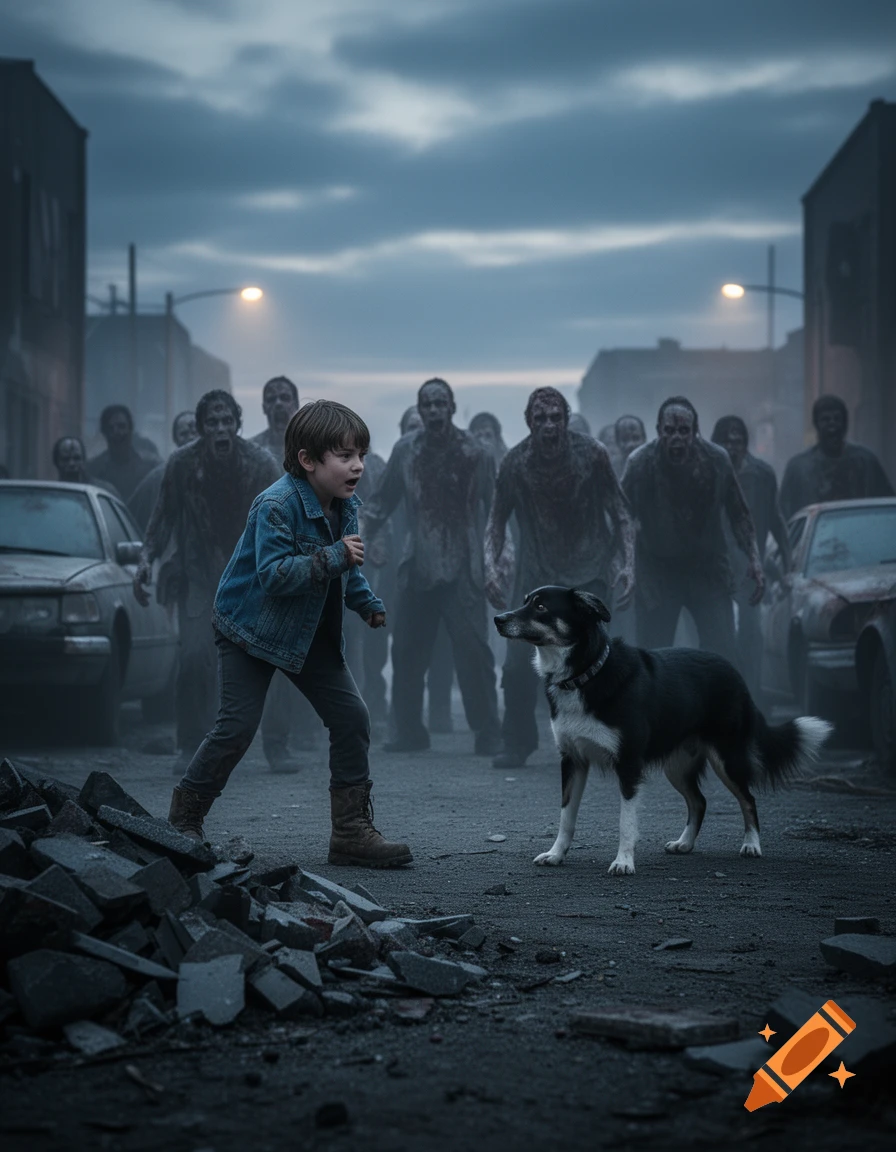 A young boy and a dog face a horde of zombies in a desolate, cloudy street, with destroyed cars nearby.