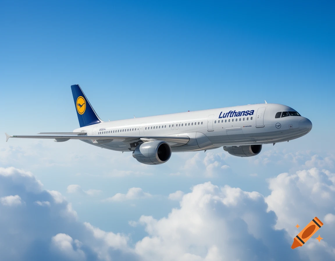 A Lufthansa Airbus A321 airliner flies through a blue sky with white clouds.