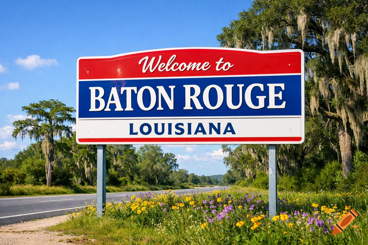 Welcome to Baton Rouge Louisiana sign by a highway with trees, Spanish moss, and wildflowers under a blue sky.