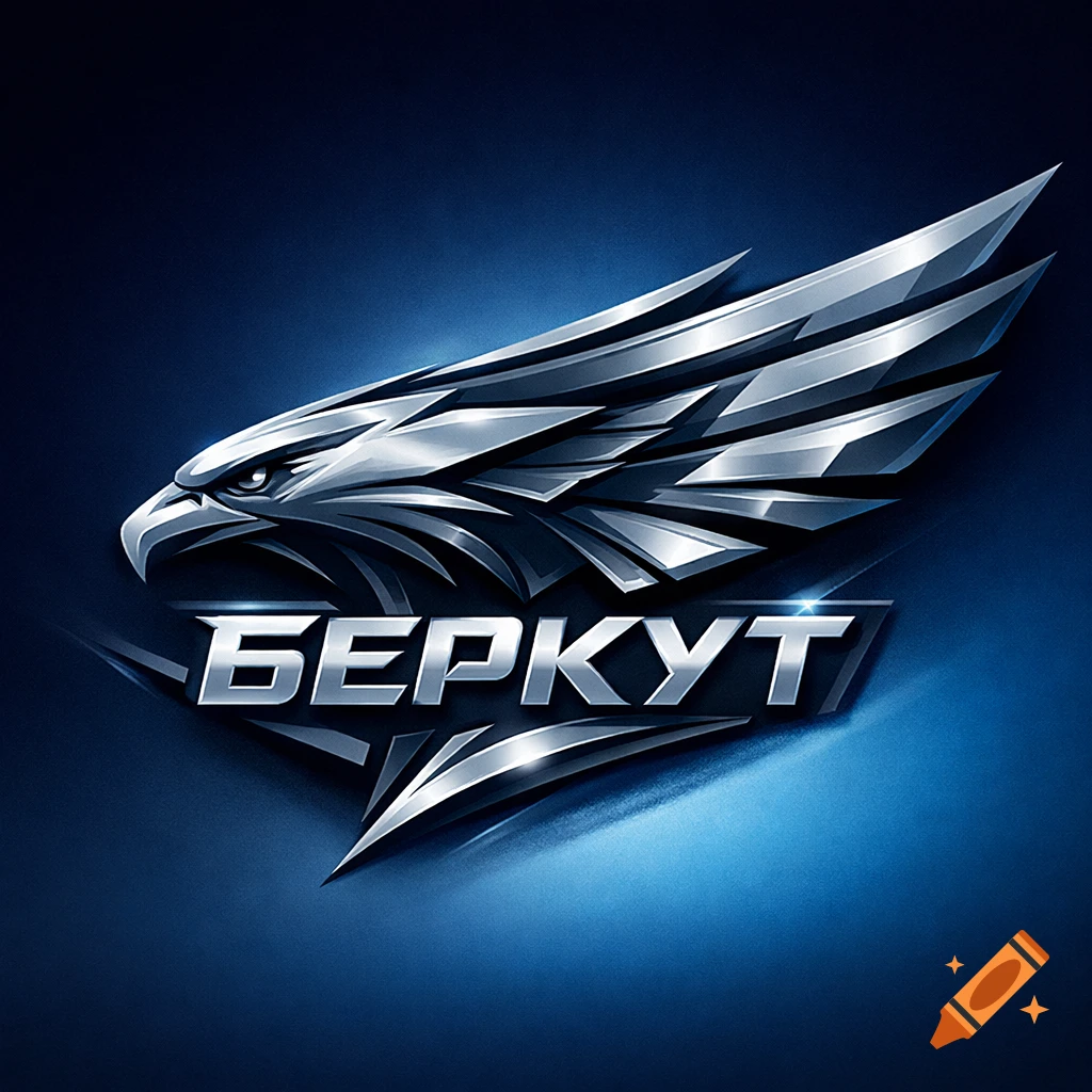 A stylized metallic silver eagle head and wing logo with the word "БЕРКУТ" (Berkut) below it, set against a dark blue background.