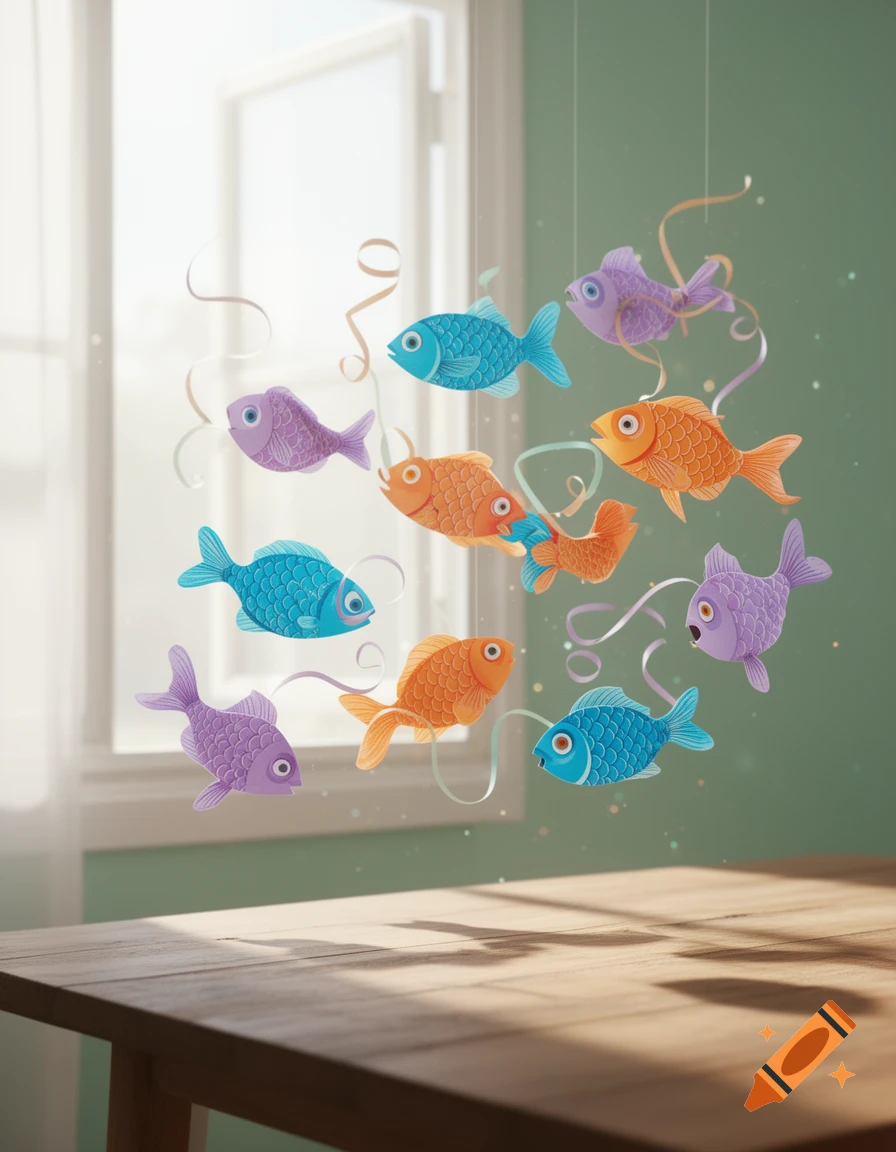 Colorful paper fish decorations and streamers hang in front of a bright window above a wooden table.