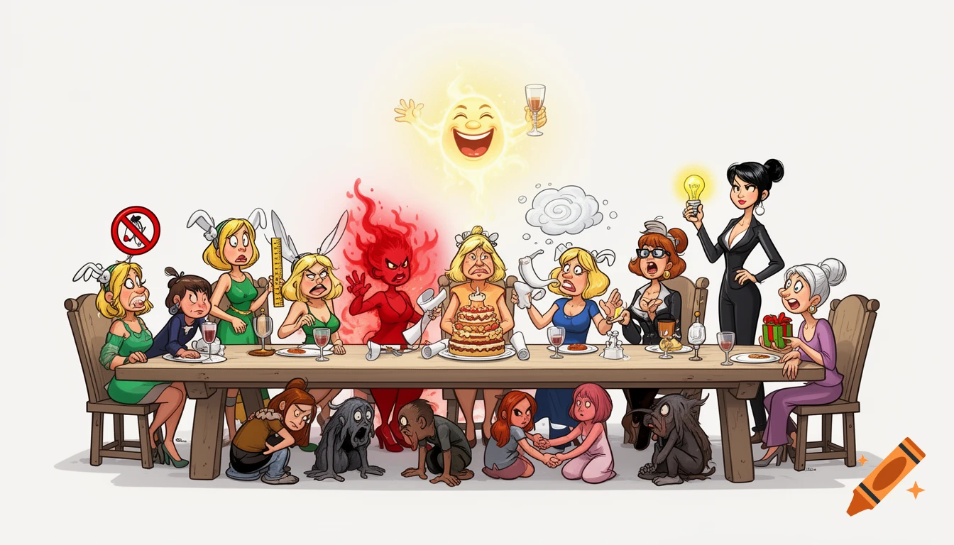 A cartoon banquet scene depicting various personified emotions as women at a long table, including anger, confusion, and fear, with a happy sun entity above.