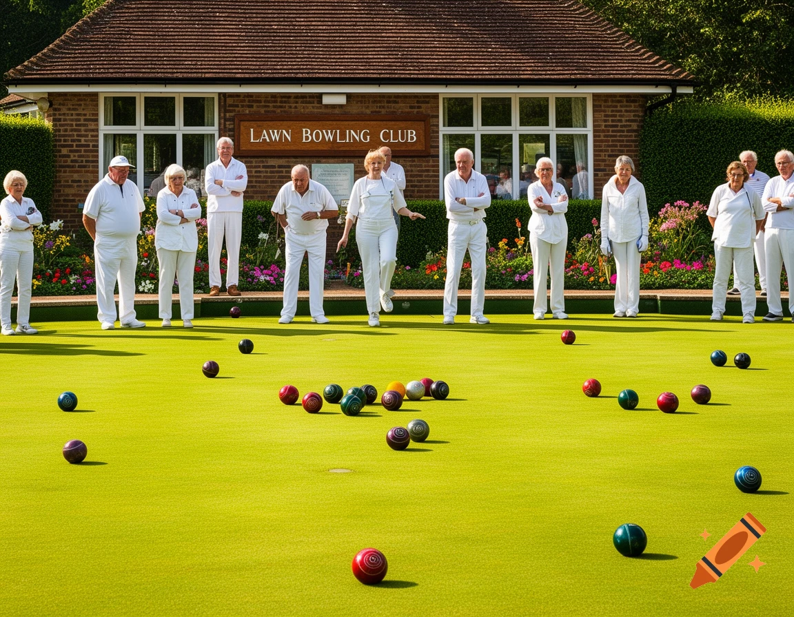 Seniors in white play lawn bowling on a green lawn in front of a clubhouse with 'LAWN BOWLING CLUB' sign.