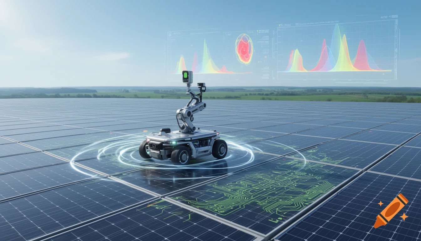 A futuristic robot inspects solar panels in a large photovoltaic field under a clear sky, with digital data overlays.