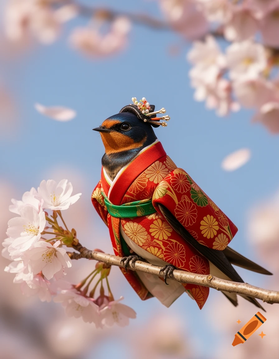 A swallow dressed as a geisha in a red kimono and headdress, perching on a cherry blossom branch against a blue sky.