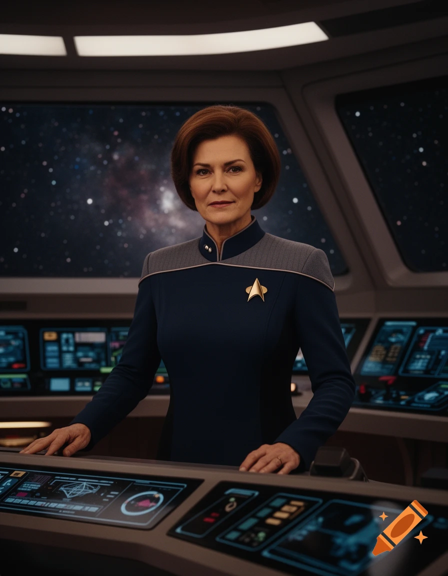 A female captain in a blue and gray uniform stands on a spaceship bridge with a starry background.