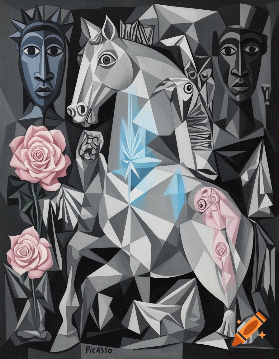 A cubist painting of a white horse with a blue cannabis leaf on its chest, flanked by two African-style figures and pink roses, in grayscale tones.