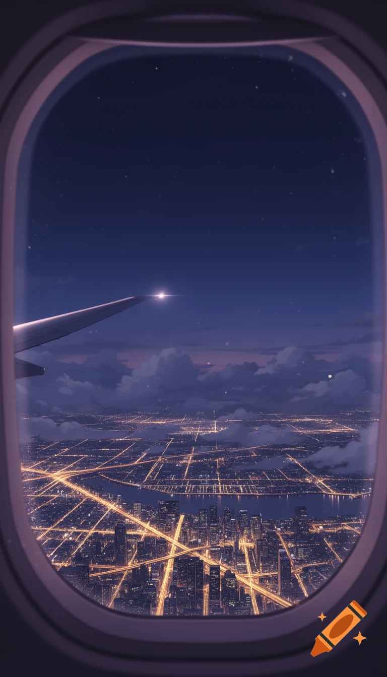 Anime style aerial view of a vibrant city at night from an airplane window, with glowing street lights and a reflective river.