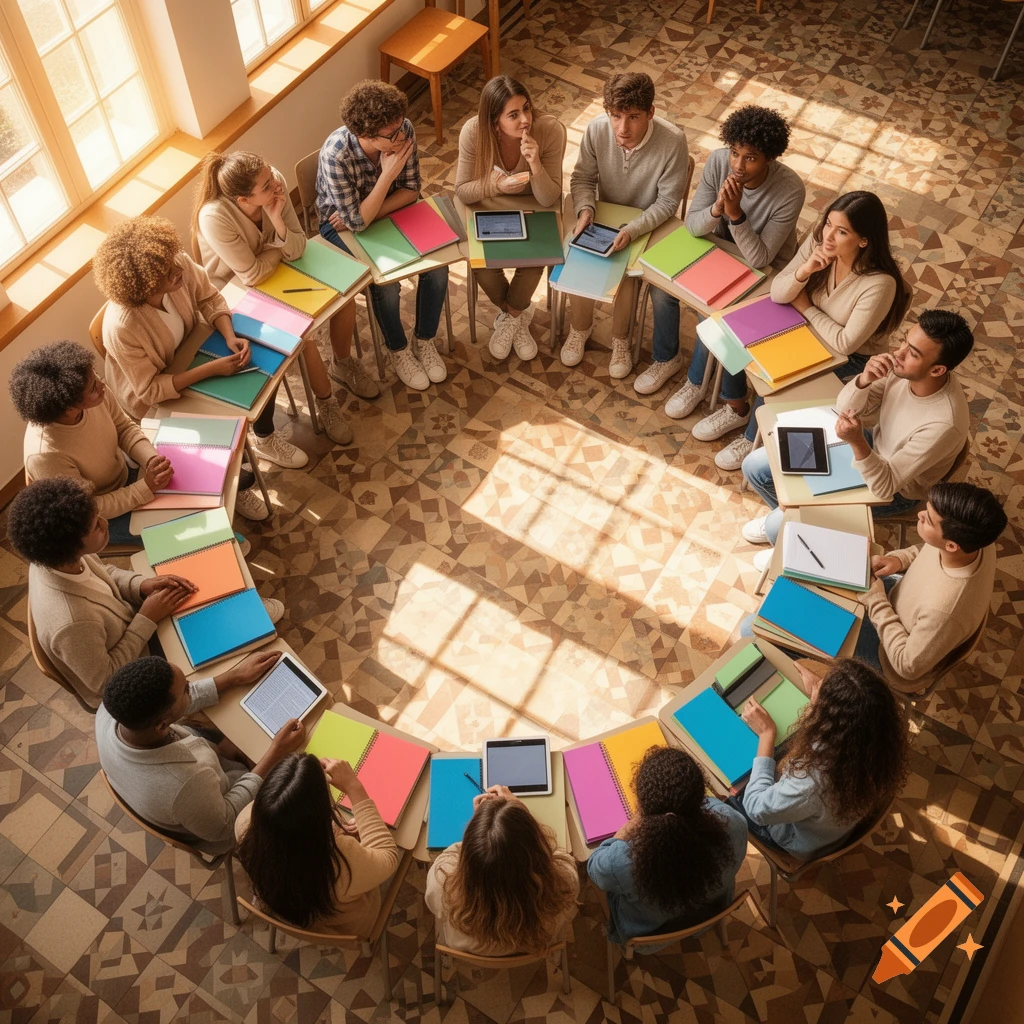 An overhead view of a group of diverse students sitting at a curved table arranged in a large circle, studying with books and tablets in a sunlit room.