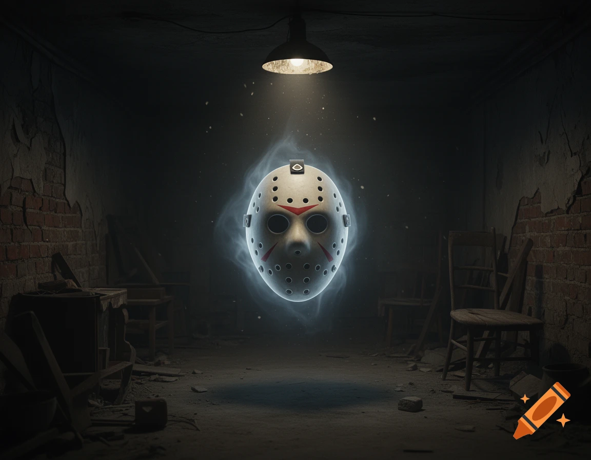 A ghostly, glowing white hockey mask with red markings floats in a dark, dilapidated room lit by a single bare bulb.