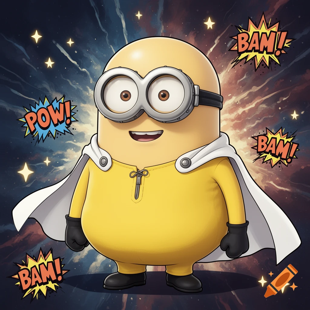 A bald Minion dressed as Saitama, wearing a yellow jumpsuit, white cape, and goggles, surrounded by comic book "BAM!" and "POW!" text against a starry space background.