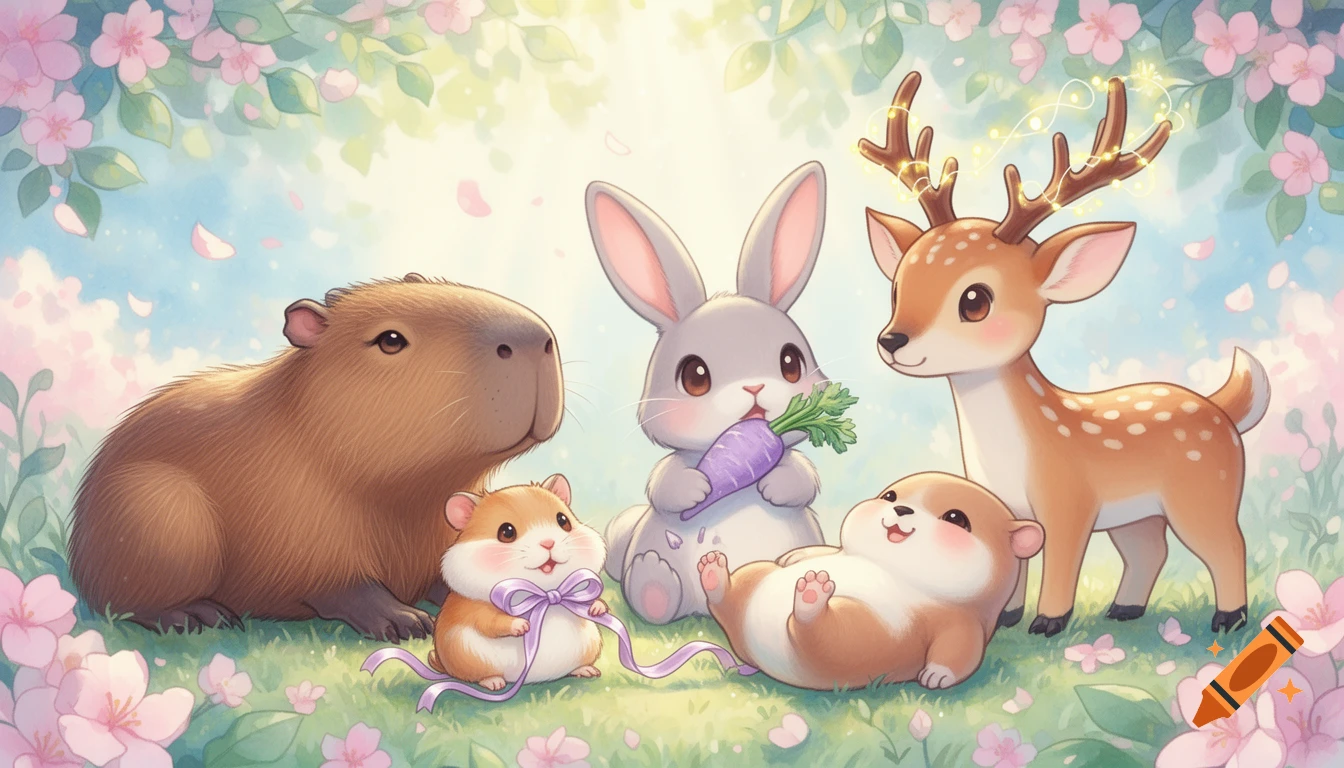 Cute animated illustration of a capybara, hamster, rabbit, fawn with glowing antlers, and an otter in a field of cherry blossoms.