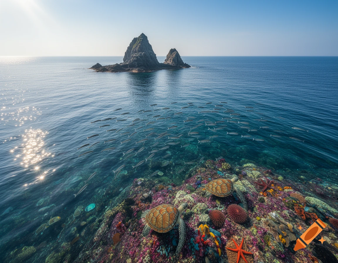 Vibrant coral reef with two sea turtles, starfish, and a school of fish under clear blue ocean, distant rocky island.